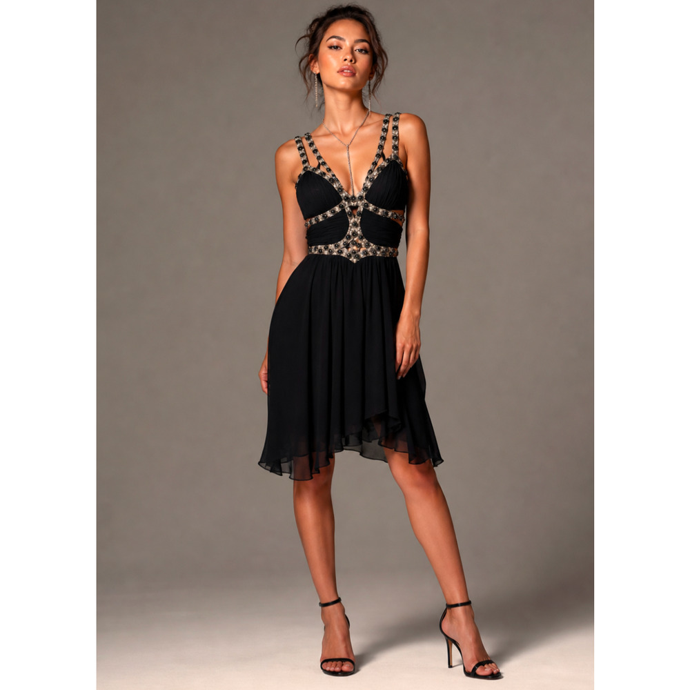 Mandalay Black Silk Beaded Embellished Mini Dress Size 12 NWT